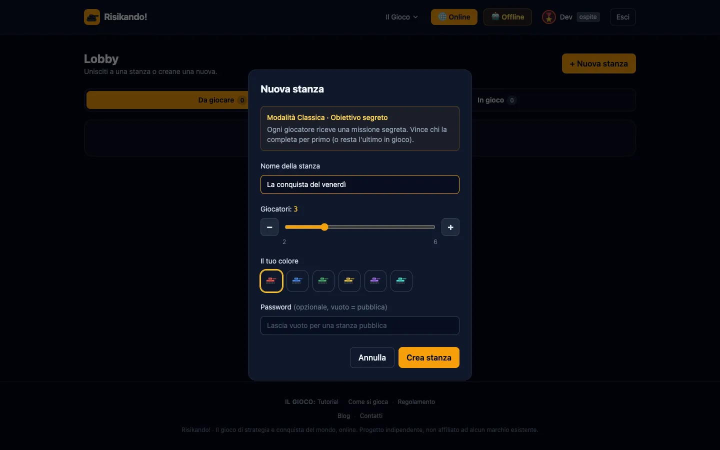 Schermata per creare una stanza di Risiko online e invitare gli amici su Risikando
