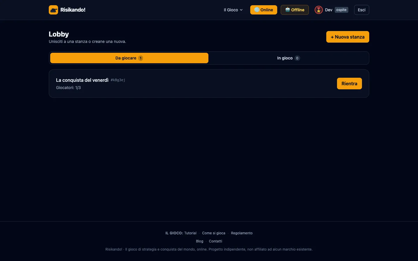 Lobby di Risikando con le partite di conquista del mondo disponibili
