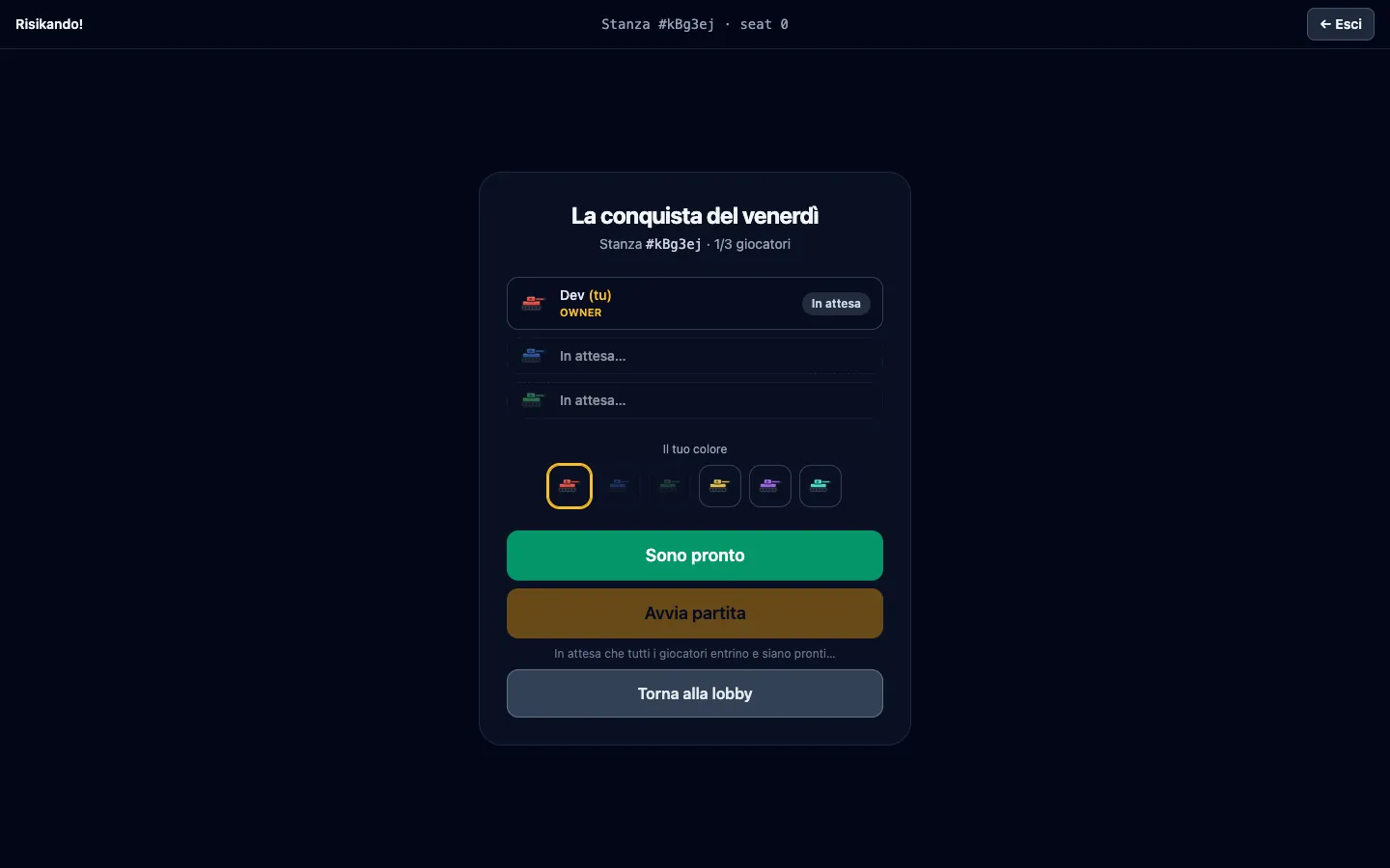La sala d’attesa di una partita di Risiko online: i giocatori entrano, scelgono il colore e premono Pronto