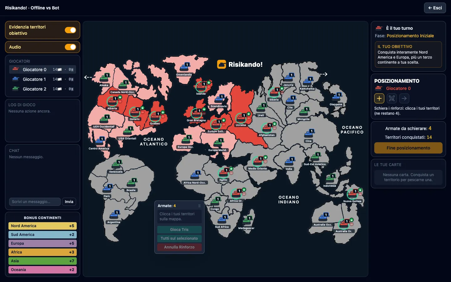 La mappa di Risiko con i territori dell’obiettivo segreto illuminati: giocare per la missione è la prima strategia